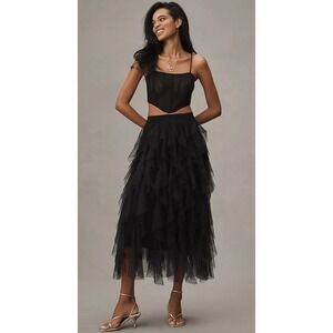 NWT ANTHROPOLOGIE The Chéri Ruffled Tulle Tiered Midi Skirt Black sz.Medium